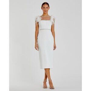 Mac Duggal Size 12 White Feather Cap Sleeve Pearl Embellished Midi Dress Wedding
